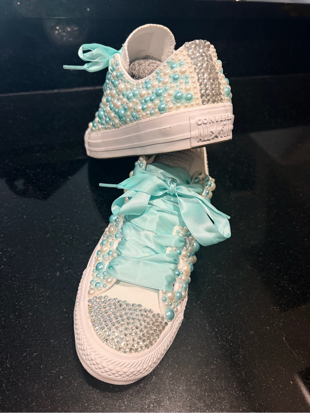 Converse Women's White Sneakers with Aqua Ribbon & Pearl Embellishments - Picture 2 of 5